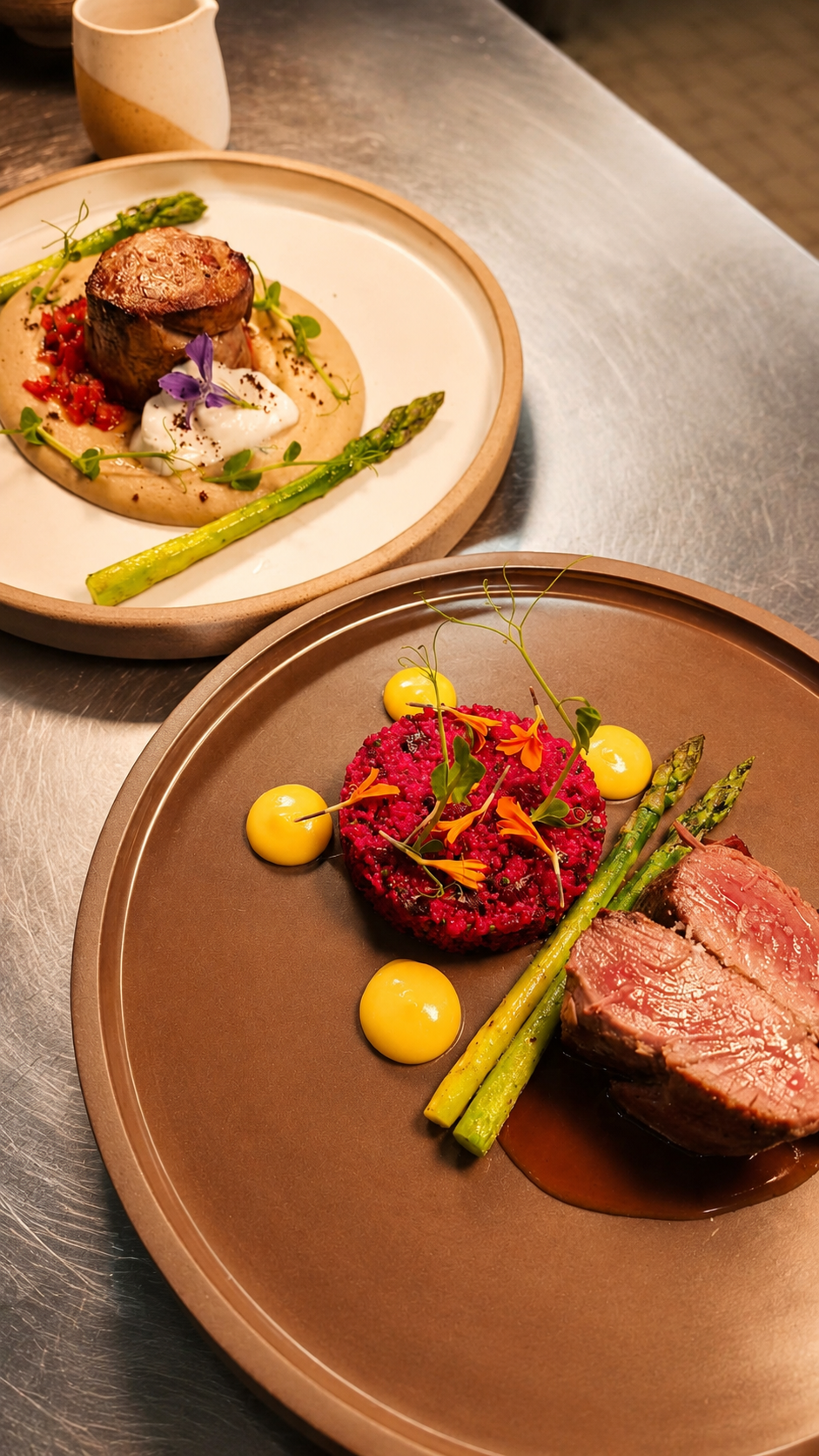 Beef fillet with beetroot couscous and asparagus