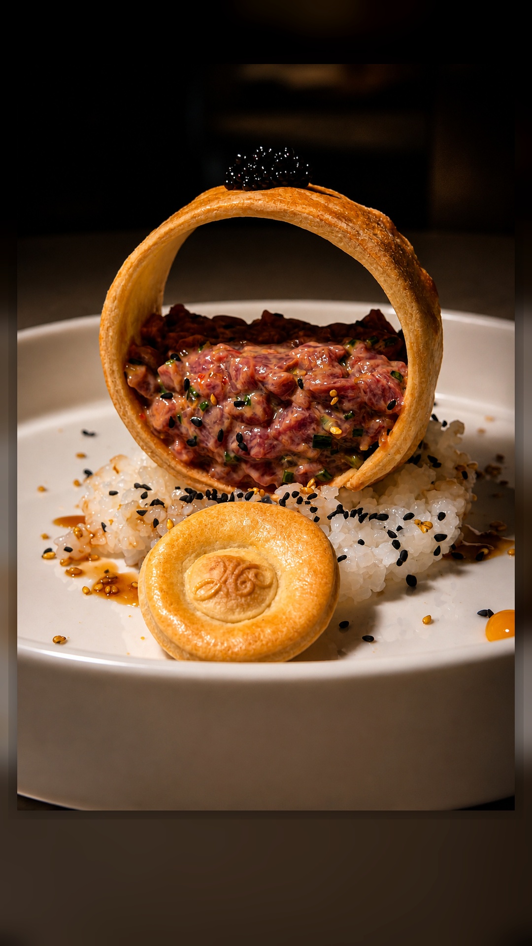 Beef tartare in a crisp pastry ring with caviar and sesame rice