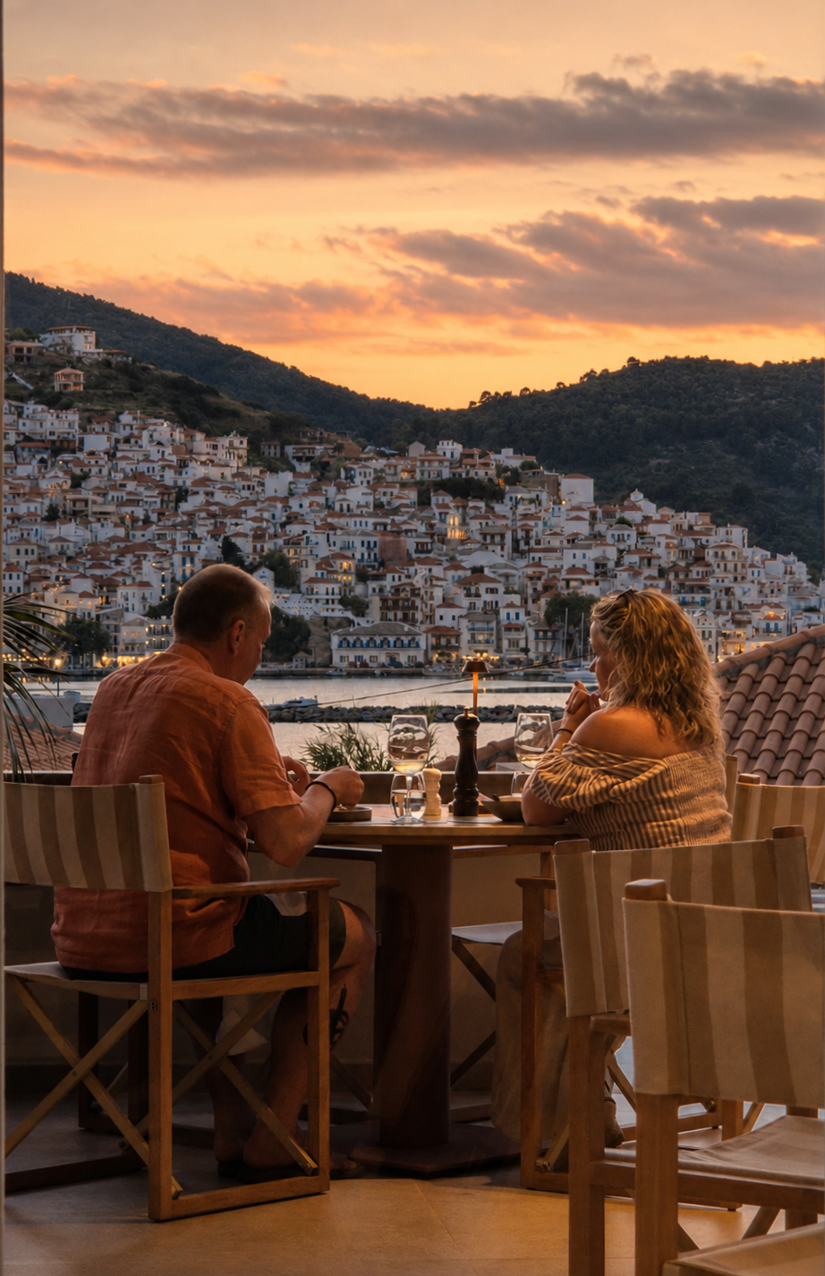 Guests at sunset overlooking Skopelos town from Minnǒ