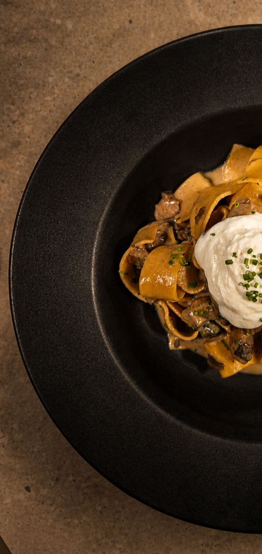 Pappardelle with mushrooms and burrata
