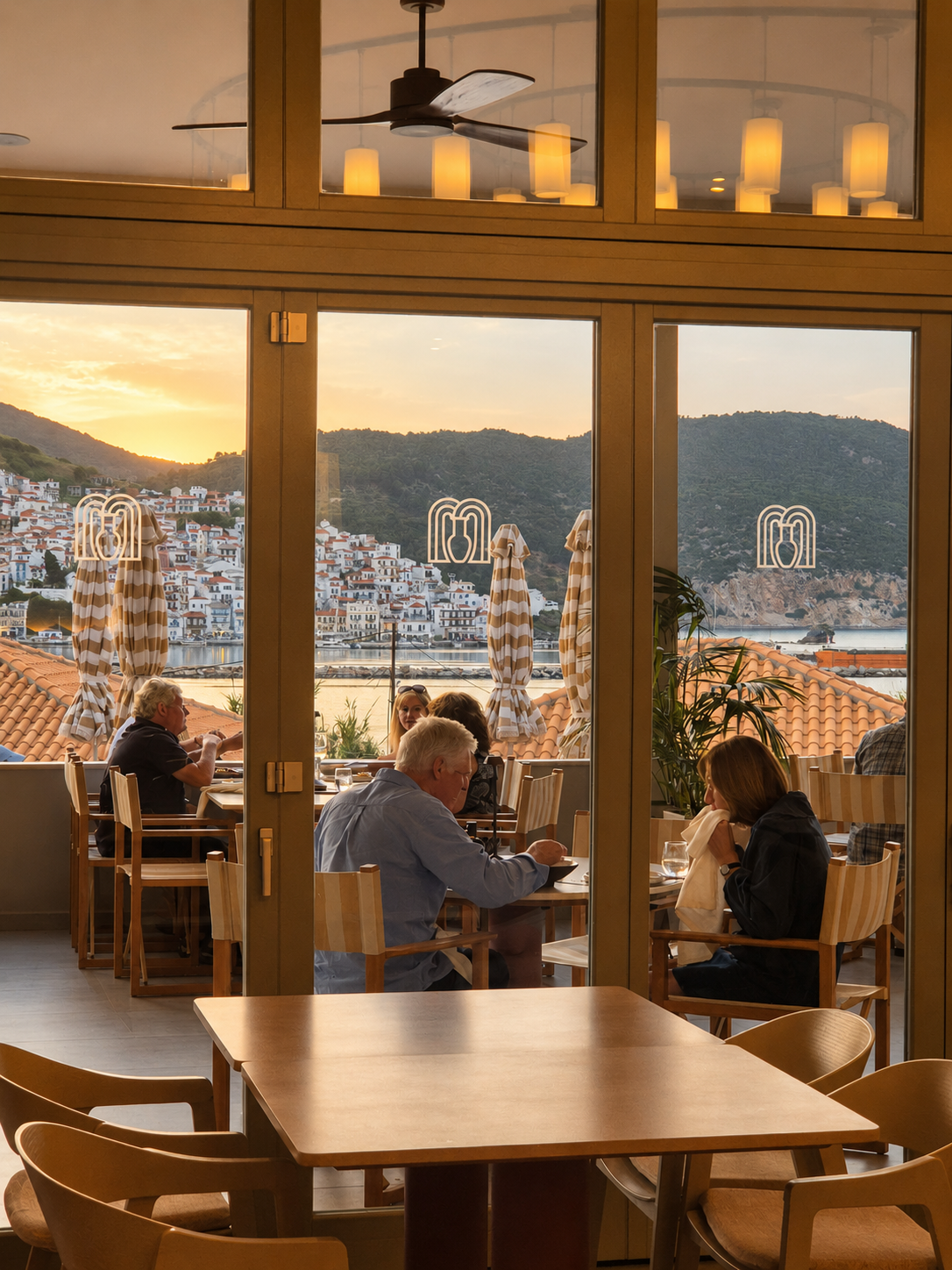 Guests dining inside Minnŏ Restaurant at sunset over Skopelos harbour